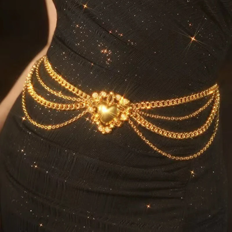 Fashion small fragrance multi-layer golden heart-shaped waist chain Celebrity style creative fringe belt chain dress accessories