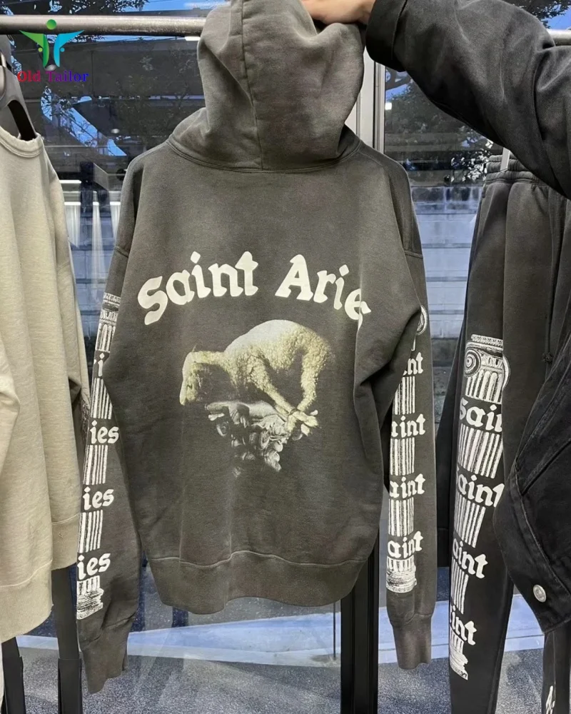 

AI Trend Black Re-washed Saint Sports Hooded Jacket Winter Retro Print Hoodie Men's Women's High Street Hoodie Set