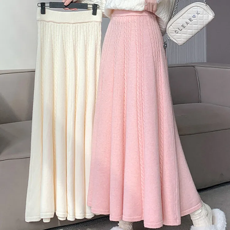 Women High Waist Cable Knit Midi Skirt A Line Flare Thick Warm Long Sweater Skirt Two Colors