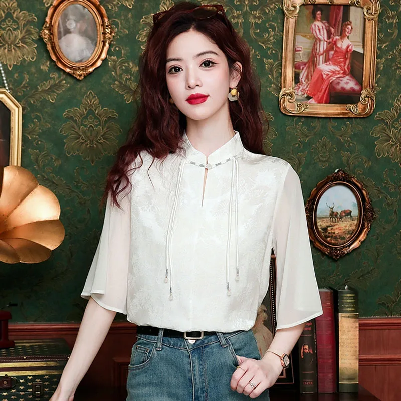 New Fashion Chinese Style White Chiffon Blouse Shirt Women Tops Blusas Mujer De Moda 2024 Verano Short Sleeve Blouse Women H570