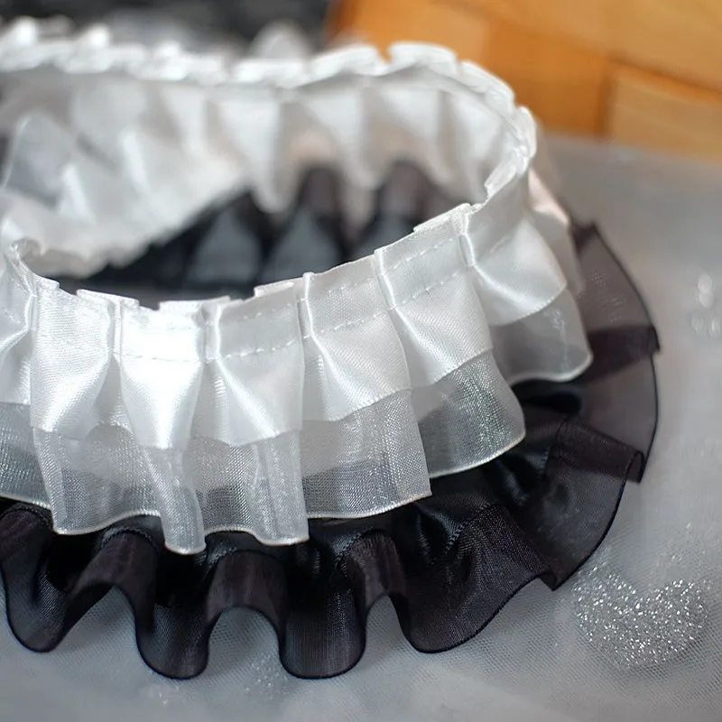 4CM Wide White Black Double Layers Satin Pleats Chiffon Fabric Lace Ribbon Ruffle Trim Dress Collar Neckline DIY Sewing Supplies