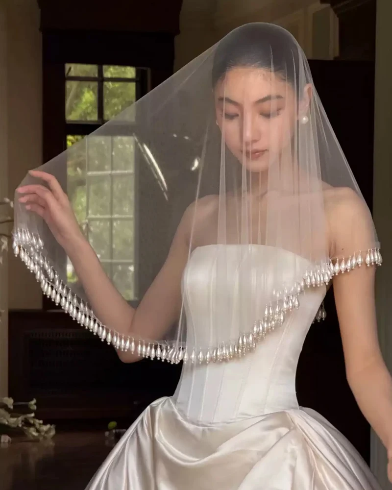 Drop Pearls Wedding Veil Without Comb 1T Bridal Veils Short Elegant Wedding Veils image 6