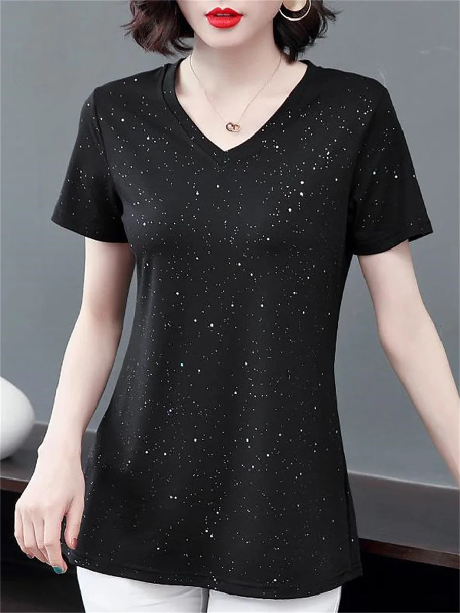 

5XL Women Spring Summer Blouses Shirts Lady Fashion Casual Short Sleeve V-Neck Collar Sequins T-shirt Blusas Tops TT2173