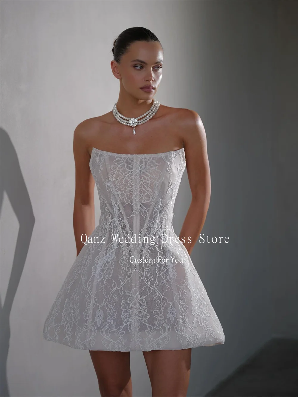 Qanz Transparent Mini Vestidos De Novia Strapless Detachable Sleeves Wedding Dress Full Lace Sexy Robe De Mariée Customized