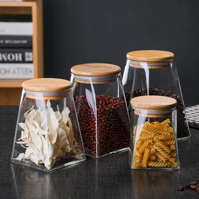 

Irregular square glass sealed jar kitchen food storage jar trapezoidal tea caddy coffee bean storage jar