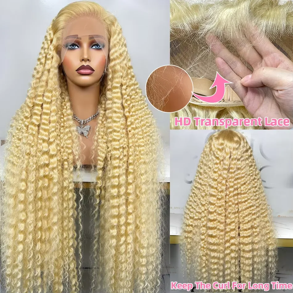 30インチ、32インチ、613ブロンド、13x4 HDレースフロント人毛ウィッグ、ブラジル産ディープウェーブ、接着剤不要カーリーレースフロントウィッグ（女性用）、ウォーターウェーブ