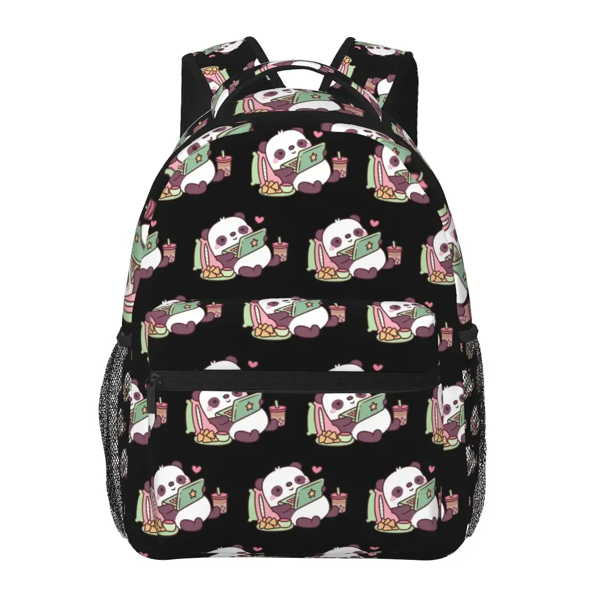 Cute Panda Chillin With Anime Chips And Bubble Tea Backpacks Boys Girls Bookbag Students School Bags Kids Rucksack Shoulder Bag