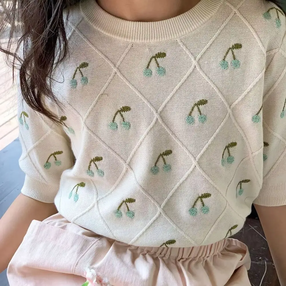 

Повседневная вязаная футболка для девочек, детская одежда для девочек, детские топы, вязаный топ с короткими рукавами и цветным вишневым узором