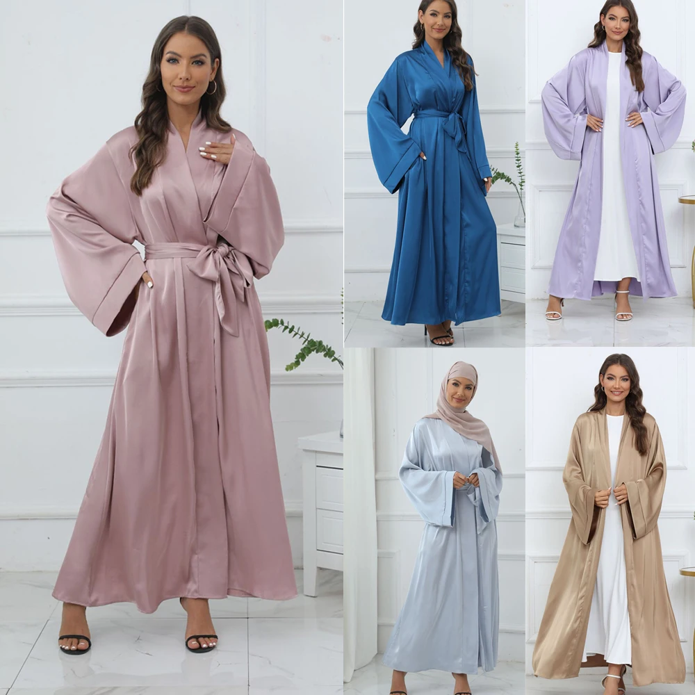 

Muslim Lady Open Abaya Long Cardigans Spring Summer Satin Islamic Ethnic Clothing Women Arabic Kimono Classical Kaftan S-2XL