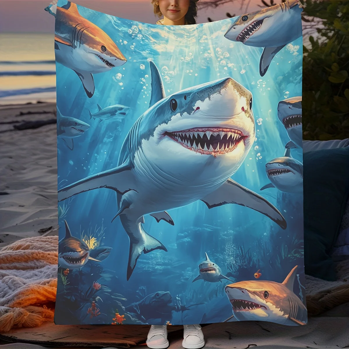 1pc Vibrant Shark Ocean Scene Flannel Blanket - Soft, Multifunctional Polyester Throw for Home Decor, Beach & Outdoor Adventures