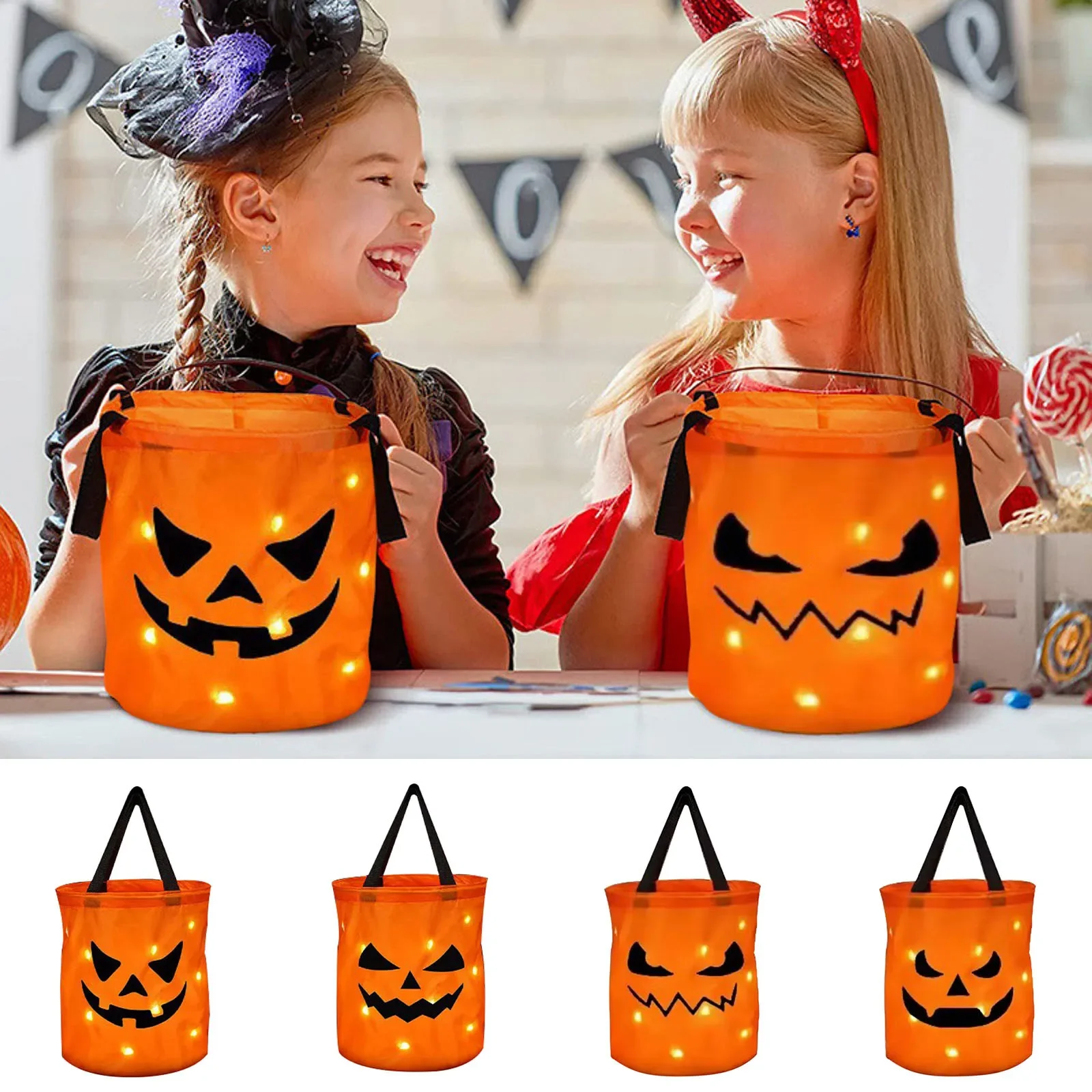 Halloween Led Light-Up Trick Or Bags Licht Led Halloween Truc Of Emmer Pompoen Snoep Grote Zakken | Gezicht Halloween Emmer