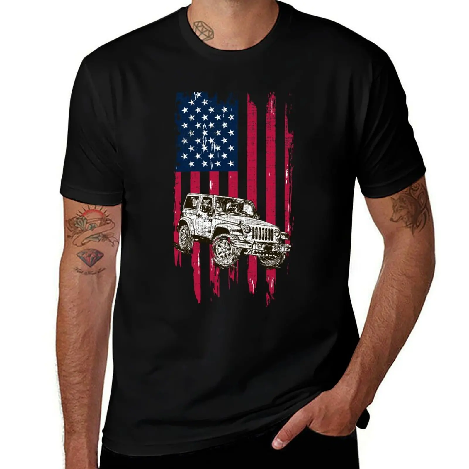 Vintage Off Road 4x4 Driving American Flag T-Shirt Daily Wear Plain Short Sleeve Shirt