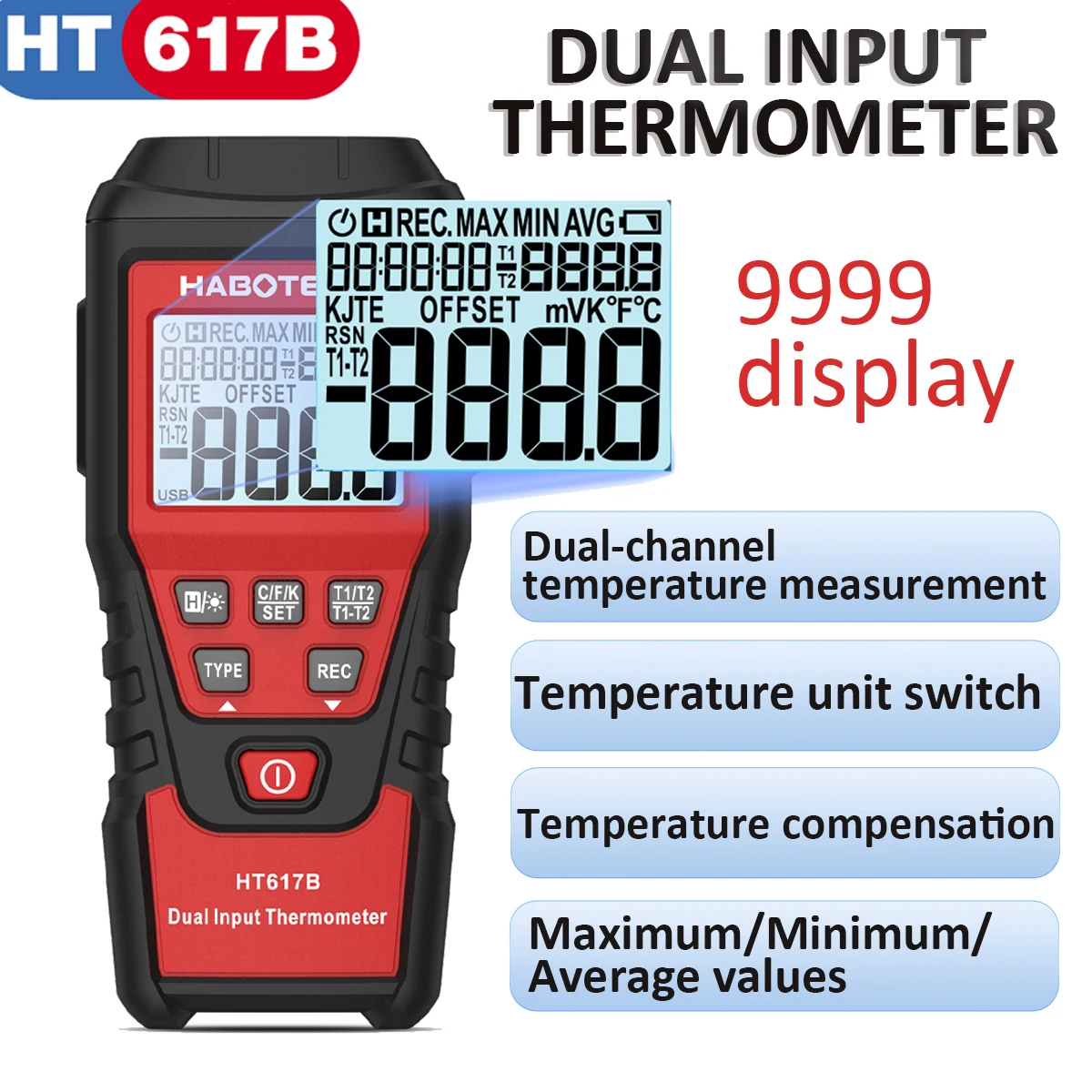 Digital Dual Channel Thermocouple Thermometer HT617B Digital Thermometer Temperature Meter Tester Suitable for Liquid Hydrogen