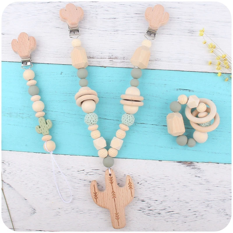 Cute Cactus Baby Pram Pendant Rattle Pacifier Chain Clip Wooden Beads Bracelet Bed Bell Mobile Rattles Infants Teether Toys