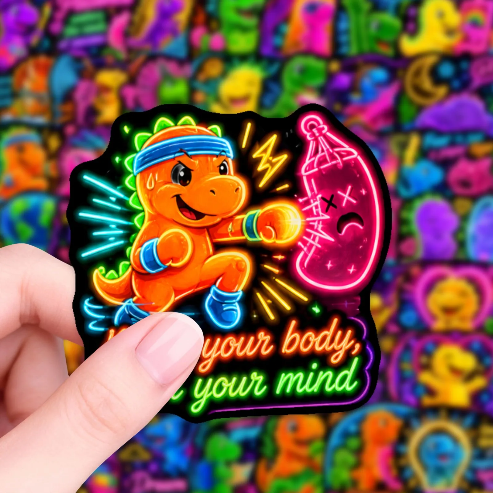 50PCS Neon Dreamy Cartoon Little Dinosaur Sticker Positive Energy Quote Dinosaur Waterproof Stickers Hand Account Decorate Decal