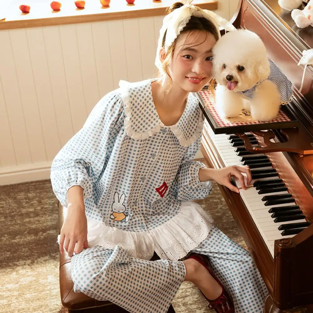 

Синий клетчатый пижамный комплект Miffy с кружевной отделкой и узором кролика, мягкая одежда для сна для женщин, милая домашняя одежда с героями мультфильмов, элегантная домашняя одежда