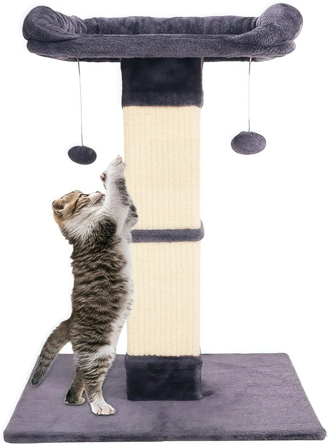 

34" Cat Scratching Post for Indoor Cats, Sisal Cat Scratcher with Large Plush Perch, Vertical Posts with Elevated Bed an