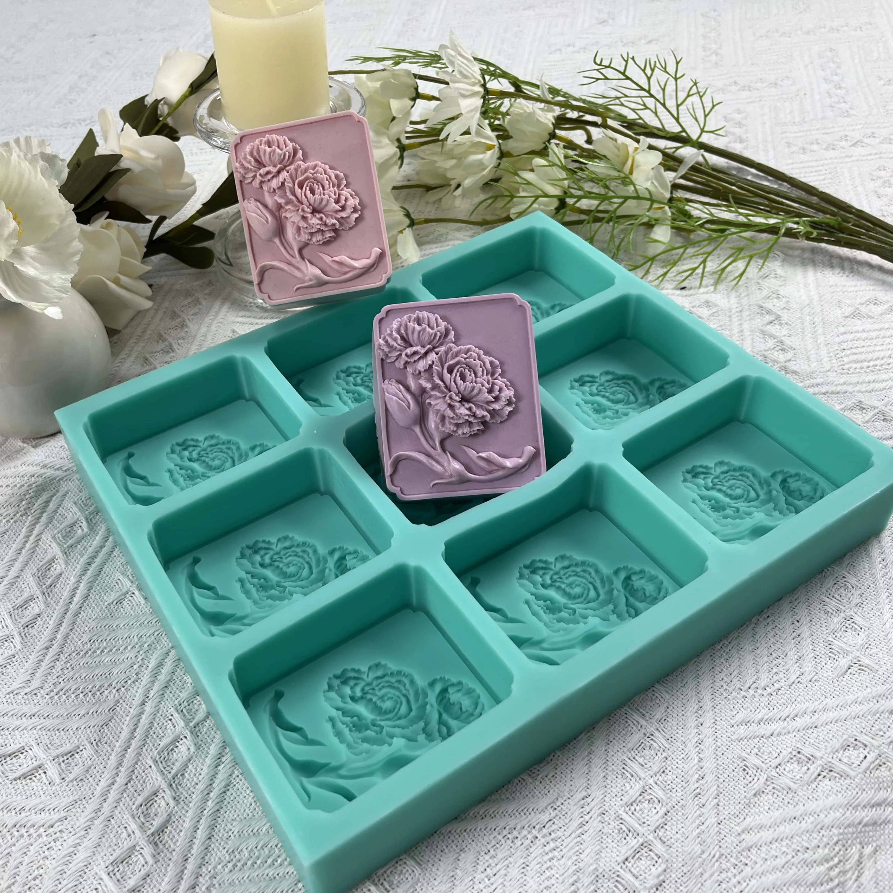 Carnation Flower Silicone Mold for Soap Making, 9 Cavities Soap Tray Molds