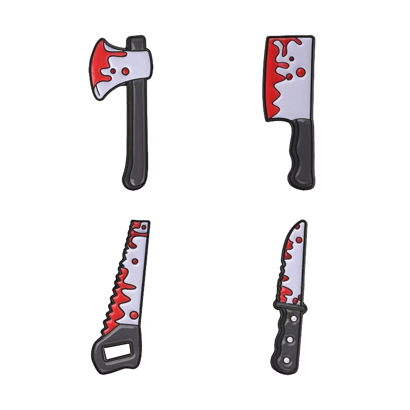 Dripping Blood Axe Knife Hand Saw Badge Enamel Pin Vintage Horror Halloween Movie Inspiration Badge Bag Lapel Brooch Jewelry Pin