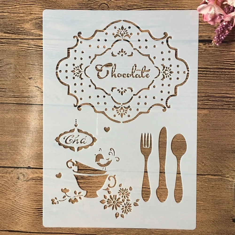 A4 29cm Chocolate Spoon Cup DIY Layering Stencils Wall Painting Scrapbook Coloring Embossing Album Decorative Template