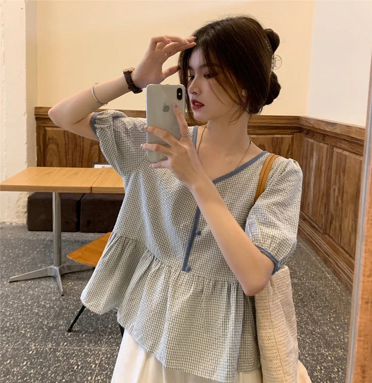 

Summer Korean Sle Bubble Sve Cotton Linen Women's irt ort Sve Plaid Doll Loose High Waist Baby Doll Dr