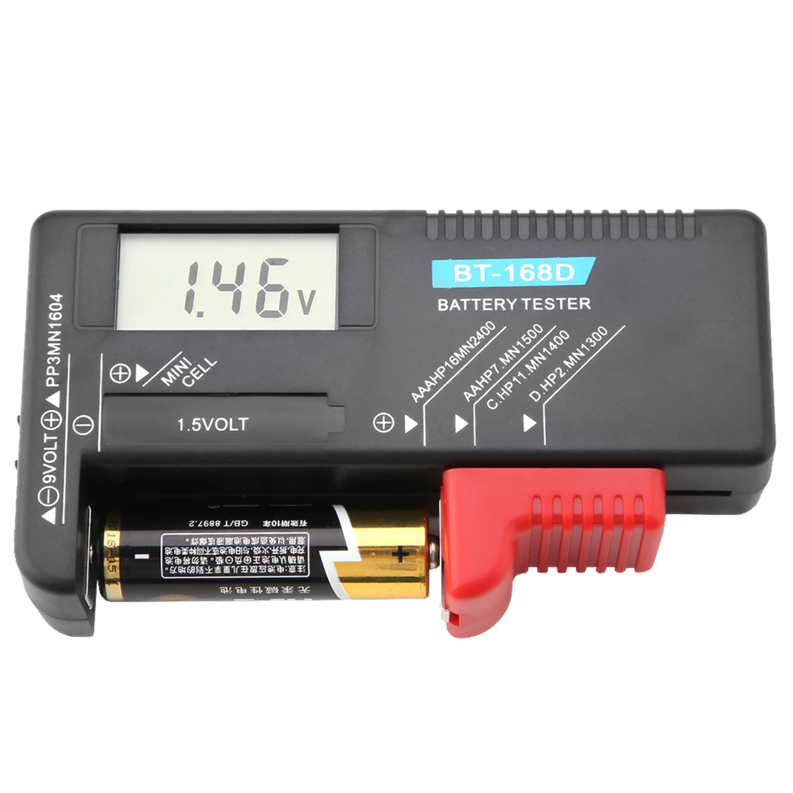 Probador de voltios de batería BT‐168D Probador de voltios de batería de pila de botón LCD digital AA//C/D/9V/1,5 V Probador de batería BT‐168D