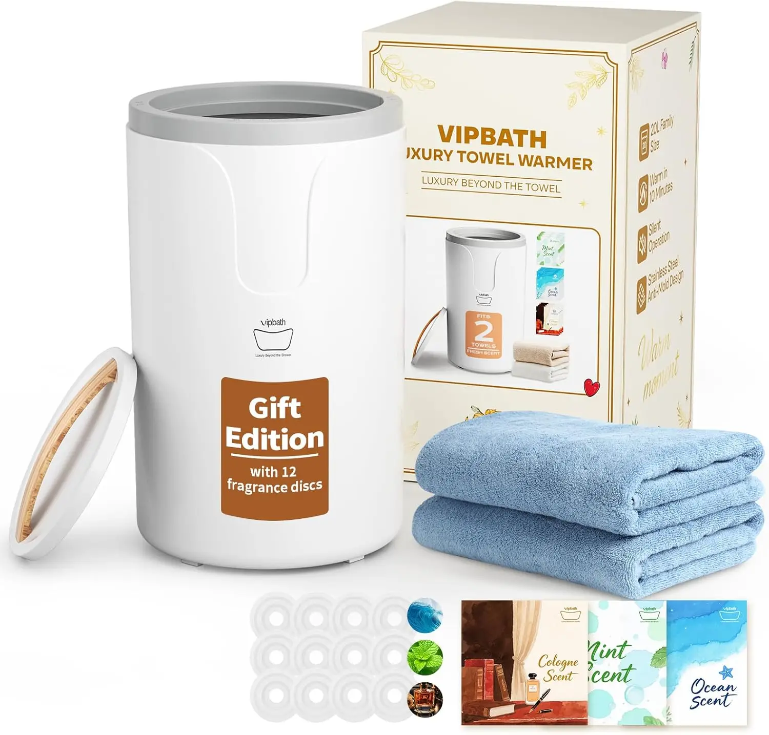 

20L Towel Warmer with Dual Heat, Timer, Auto Shut-Off & Fragrance Discs - Perfect Spa Gift for Home