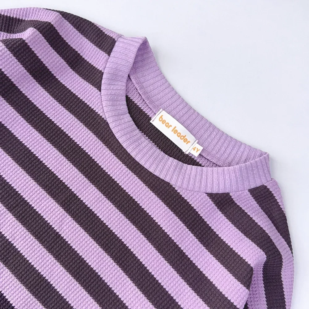 الربيع والخريف الفتيات دعوى الظلام مخطط طويل الأكمام أعلى + بنطال ذو قصة أرجل واسعة قطعتين مجموعة المنزل اليومي الأطفال ملابس كاجوال