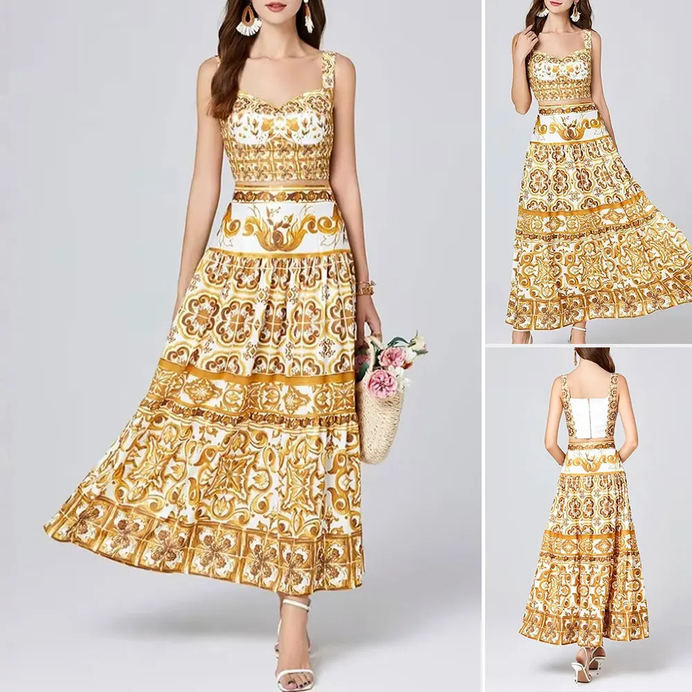 

Mia Muse Boutique Весенние комплекты трапециевидной формы миди для женщин Культурный повседневный графический принт без рукавов с вырезом в форме сердца и высокой талией