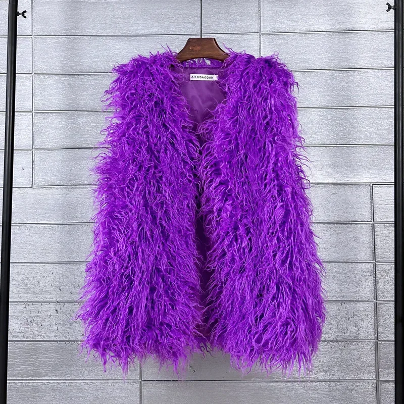 Candy Color Chic Faux Beach Wool Vest Women Autumn Winter Fluffy Fur Jacket Sleeveless Cardigan Faux Fur Vest Streetwear Coats