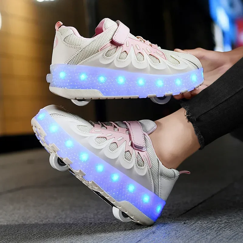 

LED Kids Roller Skates Boys Girls Four Wheels Roller Shoes Students Invisible Button Skating Sneakers