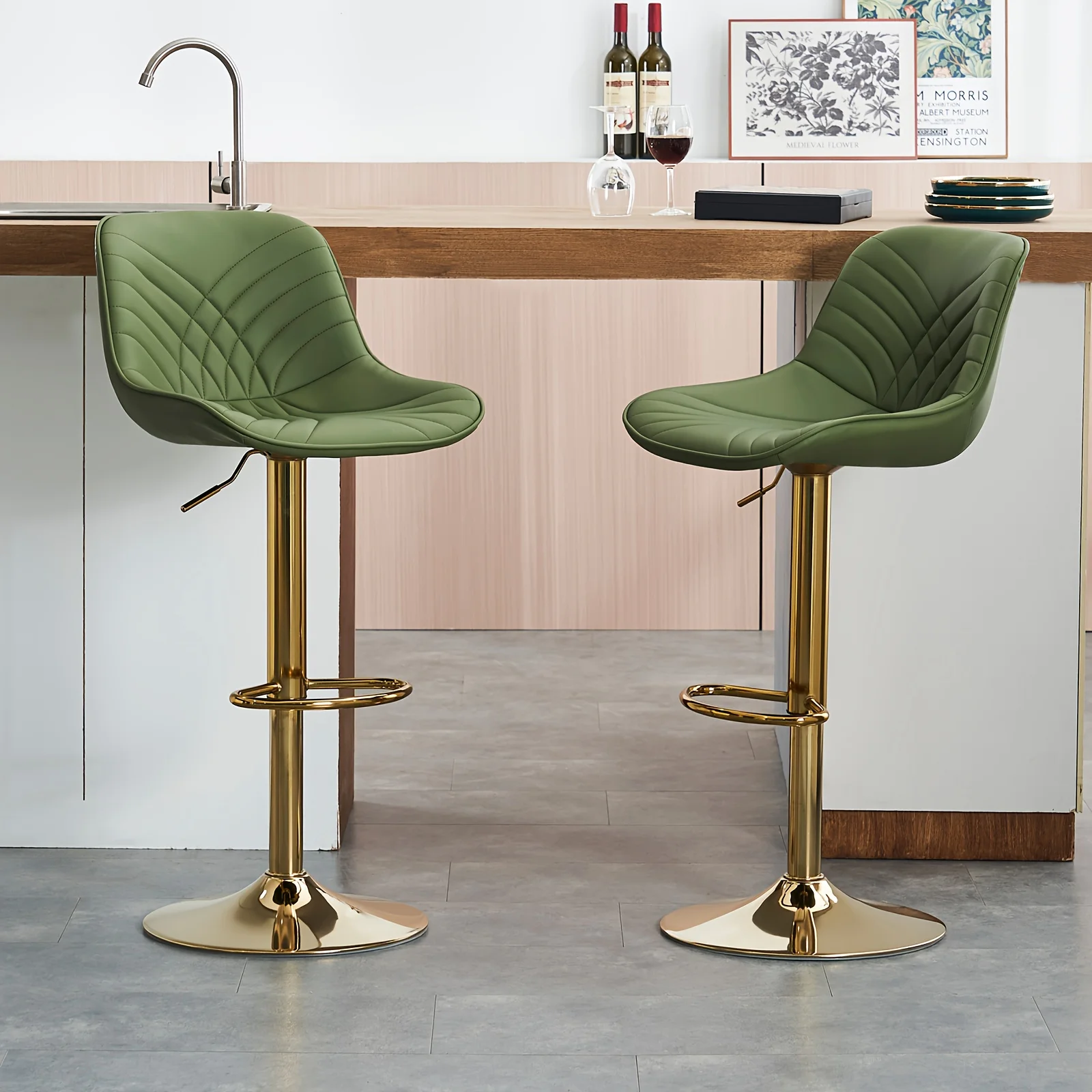 Modern Faux Leather Bar Stools Set Of 2 With Ergonomic Backrest And Durable Metal Legs, Swivel Breakfast Stools For Kitchen