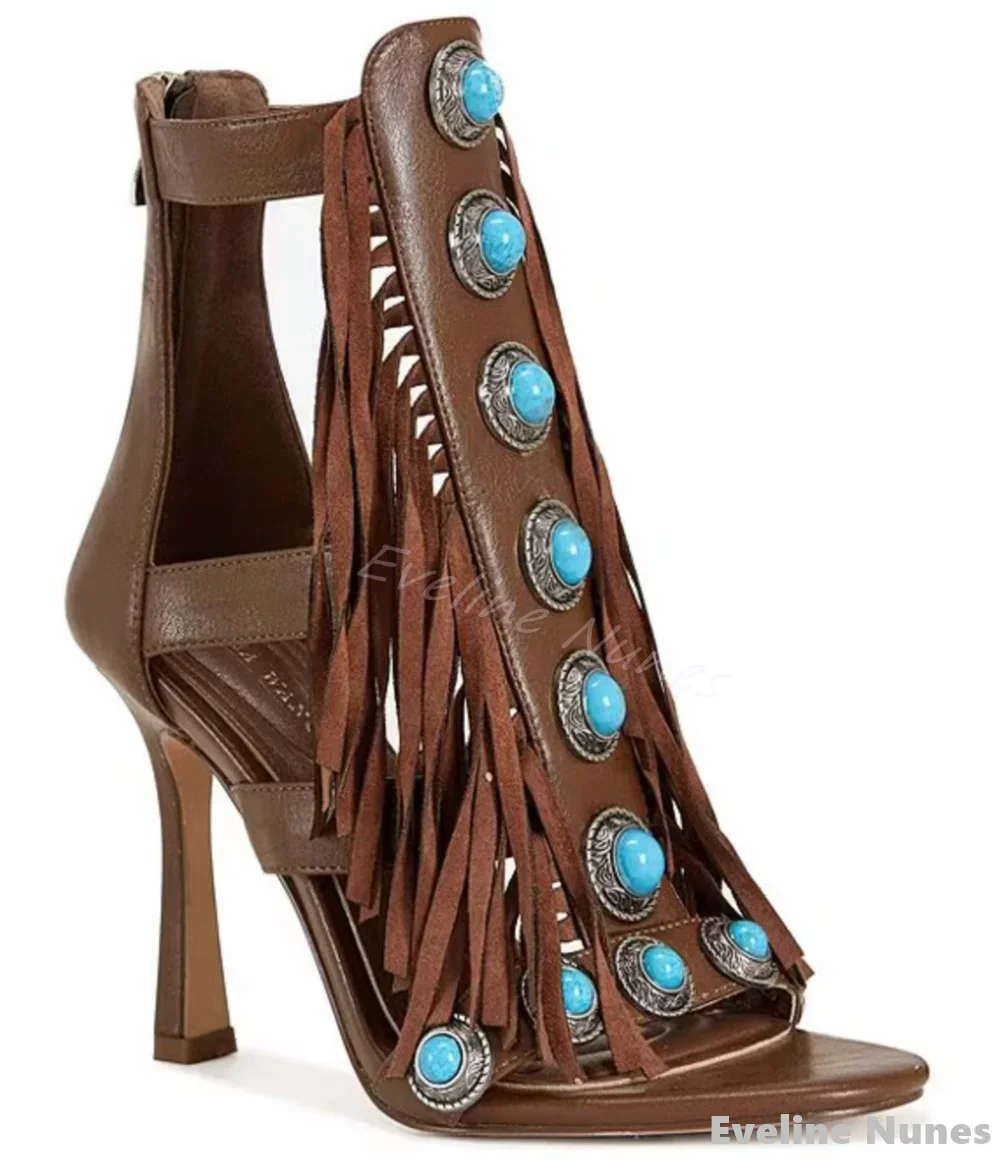 

Sumac Turquoise Embellished Fringe Dress Sandals Women Open Toe Stiletto Heel Mid Calf Sandals 2025 Summer Catwalk Jewel Boots