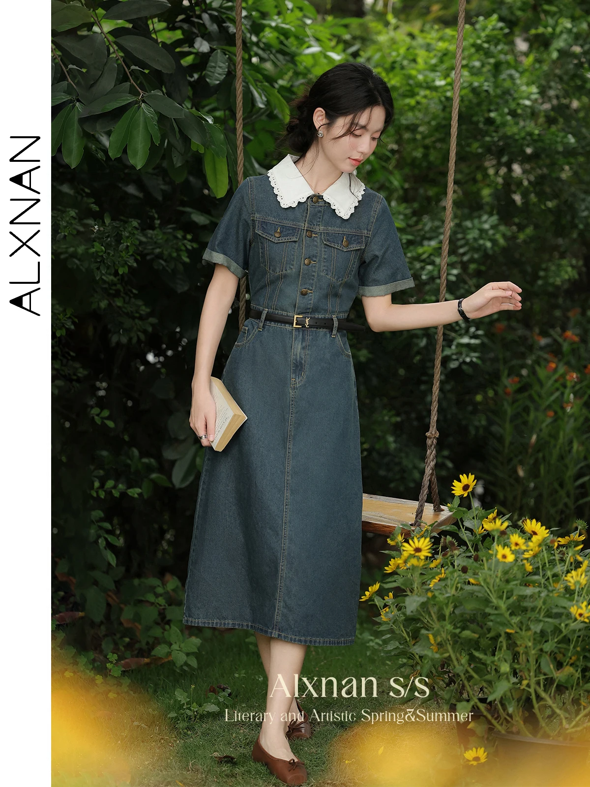 

ALXNAN Polo Neck Denim Dresses for Women 2024 Summer New Short Sleeve Long A-line Button Up Retro Temperament Lady Dress L36305