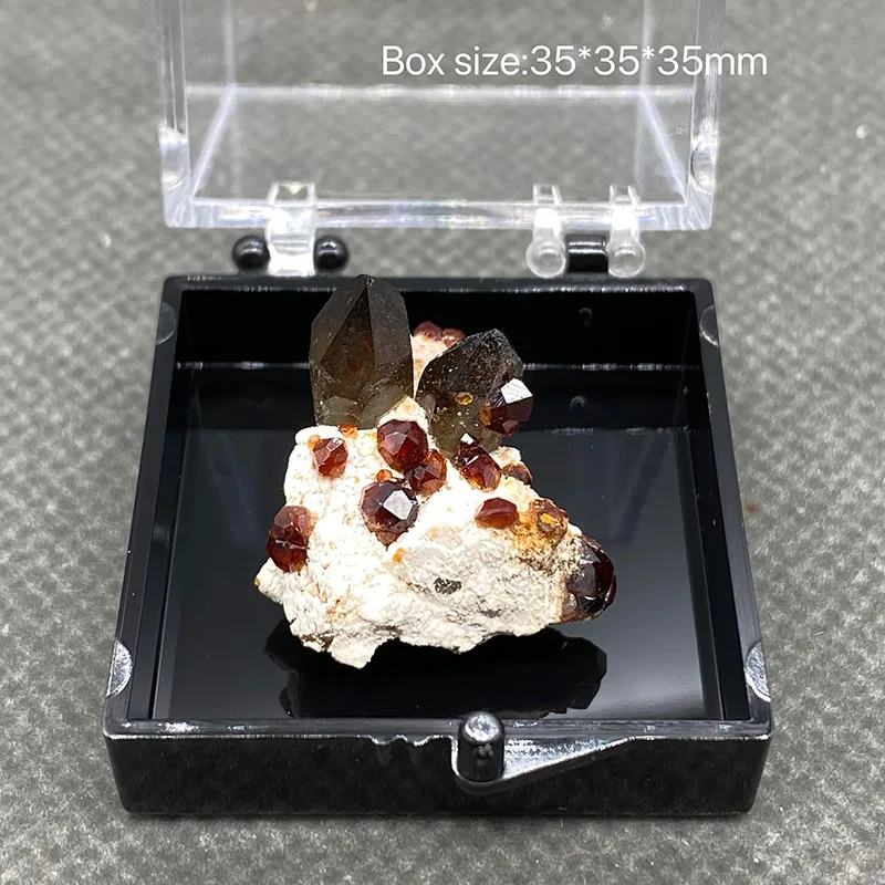 

100% natural garnet smoky crystal symbiotic rough stone specimen quartz mineral + Box size:35*35*35mm