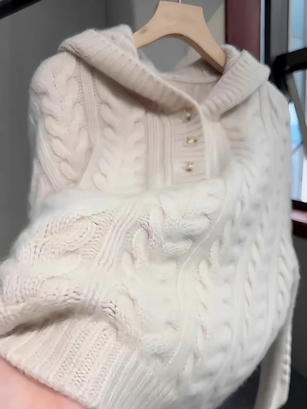 เสื้อสเวตเตอร์ถักไหมพรมสีขาวมีฮู้ด แขนยาว สำหรับผู้หญิง สวมใส่สบาย ลายบิดเกลียว ดีไซน์ดอกไม้ สำหรับฤดูหนาว สไตล์เกาหลี นุ่มละมุน สไตล์เกาหลี...