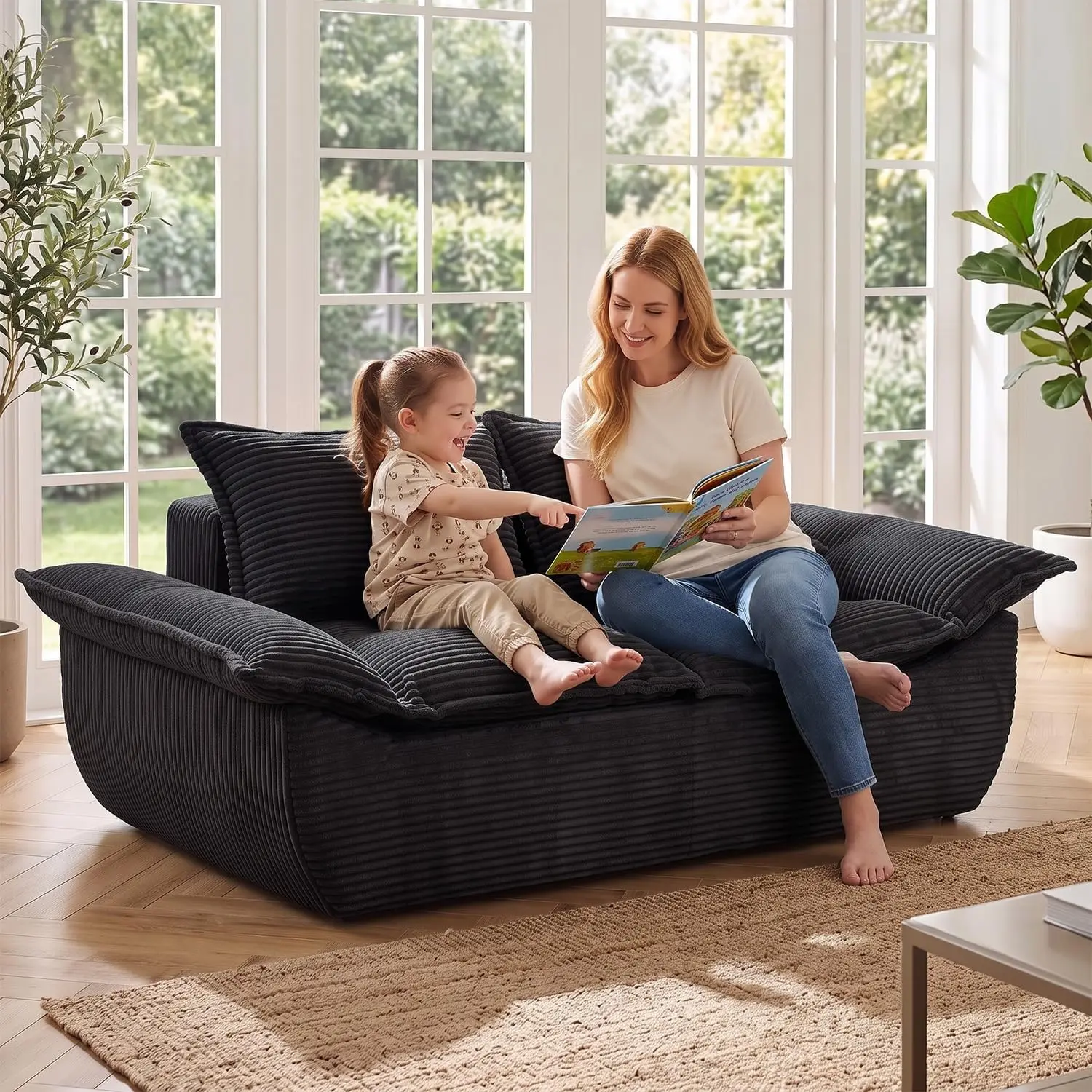 56-Inch Black Foam Boneless Loveseat, 2-Seat Small Sofa Couch with Removable Cushions and 2 Pillows for Living Room, Office