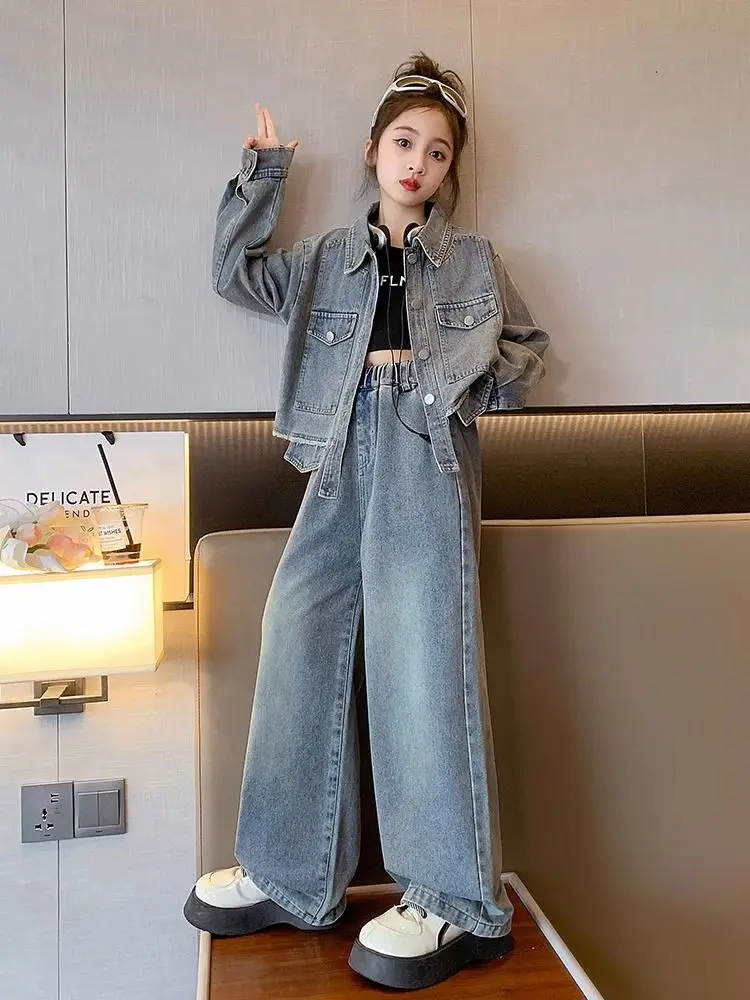 

Girls Children Spring Sutumn Denim Two Pieces Set 2023 New Fashion Denim Single Breasted Full Sleeves Coat Casual Wide Leg Pants