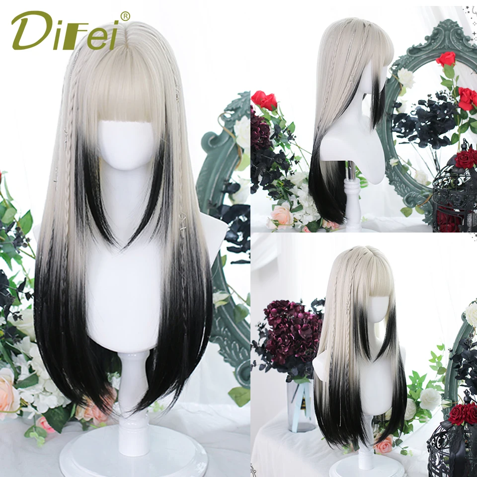 Black And White Gradient Straight Synthetic Wig Female Lolita Cosplay Fashion Gradient Holiday Long Straight Wig Full Head