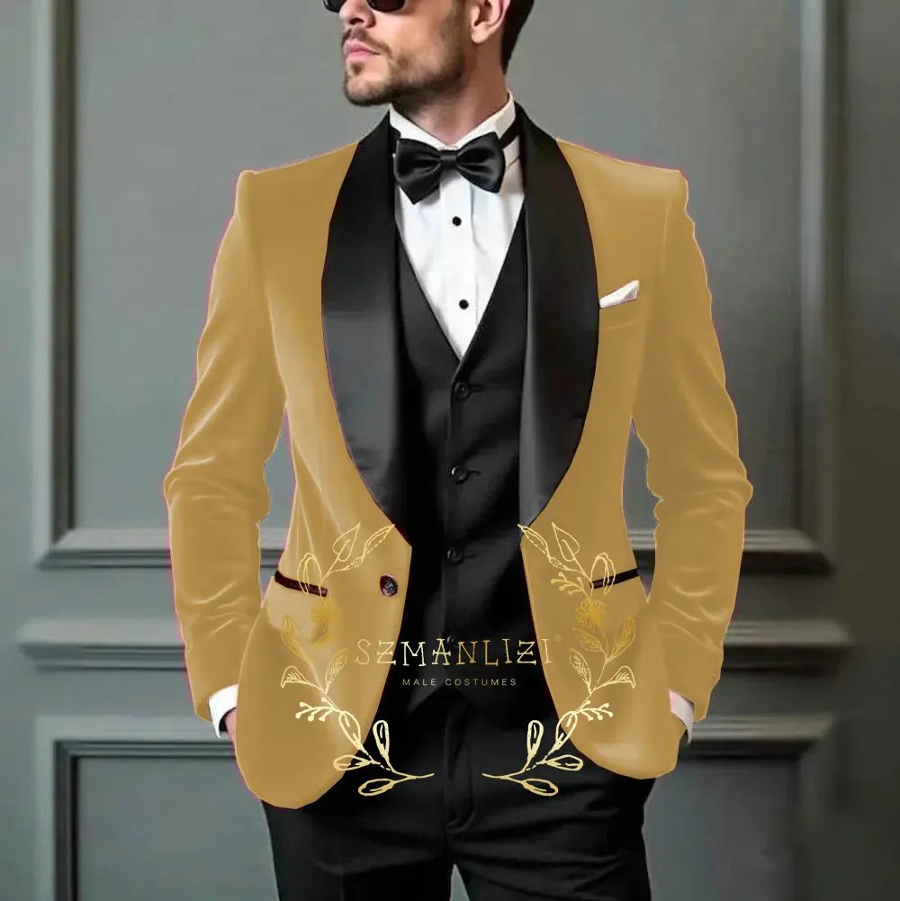 

Khaki Velvet Men's Suits Shawl Lapel Formal Prom Party Groomsman Wedding Tuxedos 3 Pieces Slim Fit Suits For Men