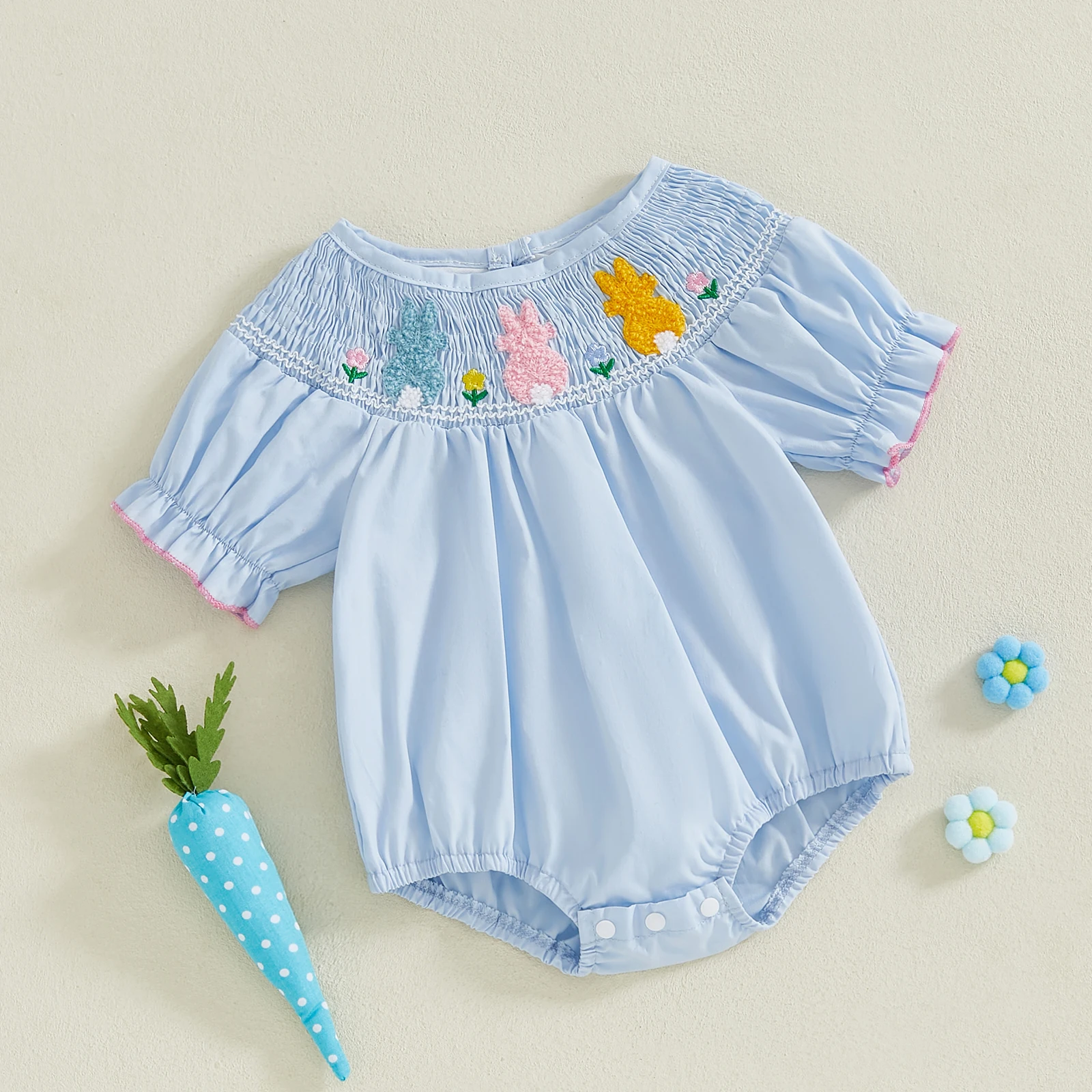 Baby Meisjes Pasen Romper Ruches Bloem Bunny Borduren Gesmokte Korte Mouw Ronde Hals Leuke Pasgeboren Baby Jumpsuit Kleding