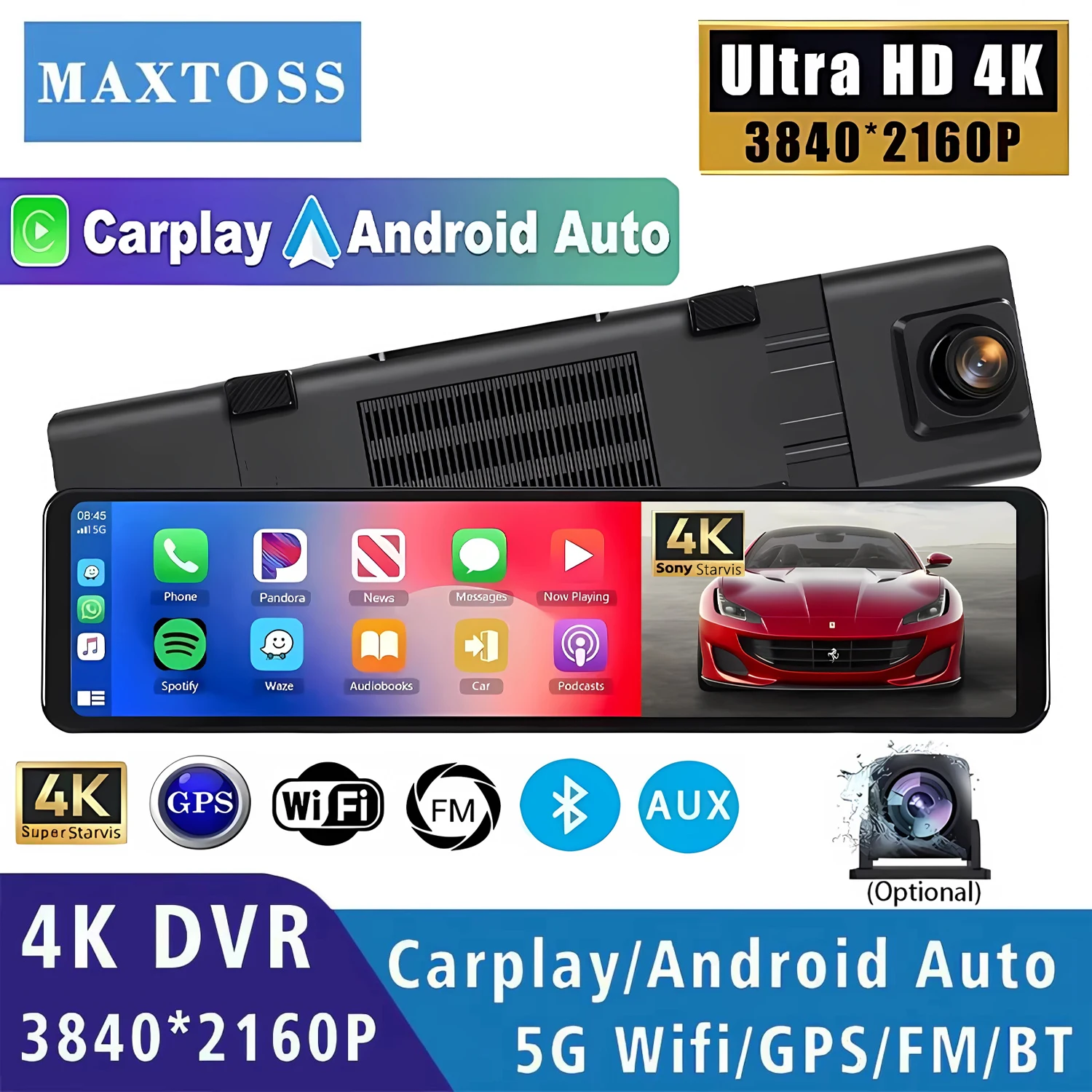 

Видеорегистратор 11.26" 4K 2160P с Carplay и Android Auto, двумя камерами, Wi-Fi, GPS, Bluetooth, FM, записью видео, зеркальным режимом и функцией потоковой передачи
