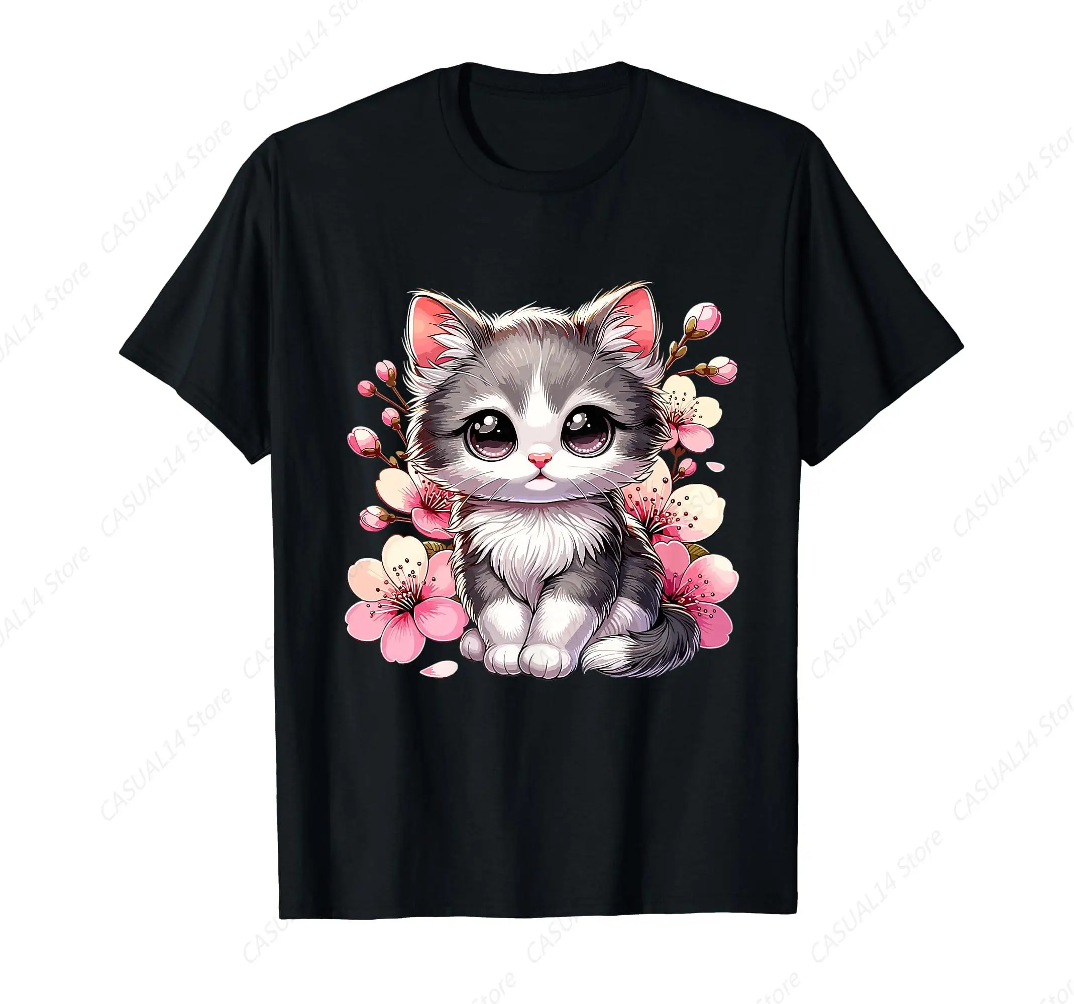

Cute Cat With Cherry Blossoms Cat T-Shirt For Girls Women Men Cotton Short Sleeve for Daily Wear