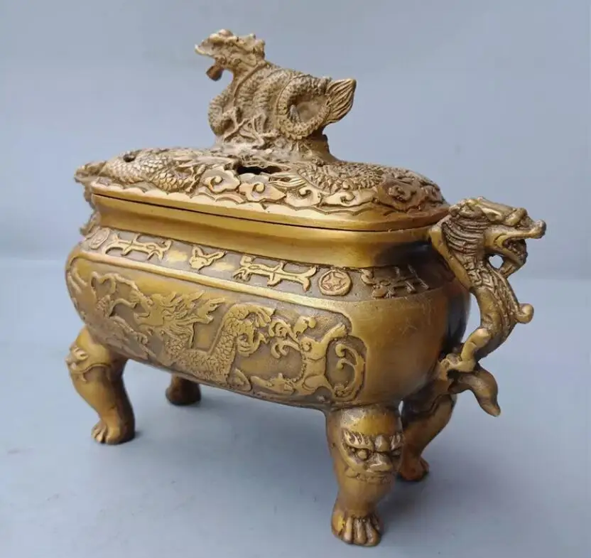 Marked Chinese Old Bronze Dragon Dragons Fu Foo Dogs Lion Incense Burners Censer