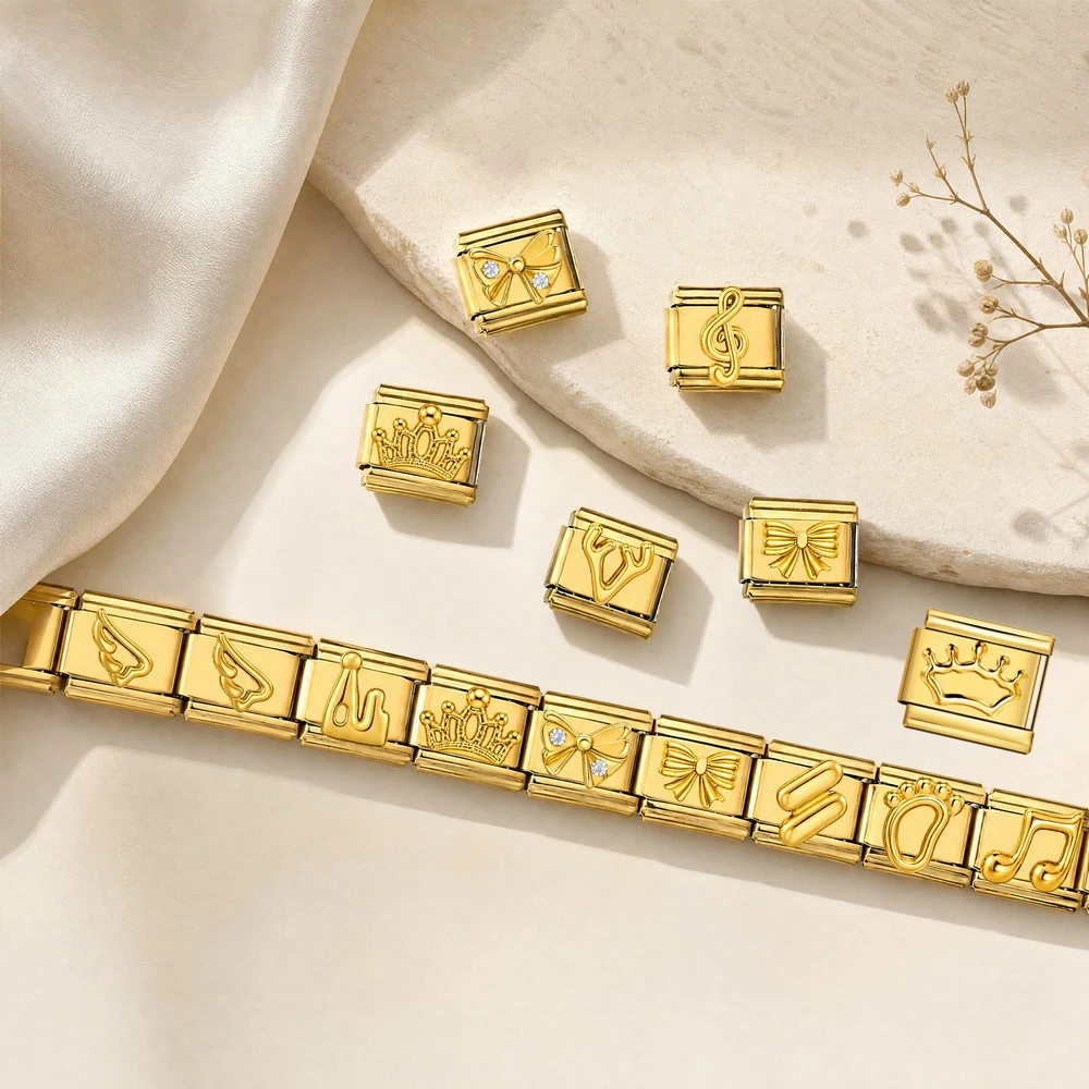 GEMOSA Exquisite Musik-Kronenschleifen, italienische Gliederkette, passend für 9-mm-Charm, zum Basteln von Perlen, DIY-Mode-Armbändern, Schmuck aus Edelstahl – Detail 1