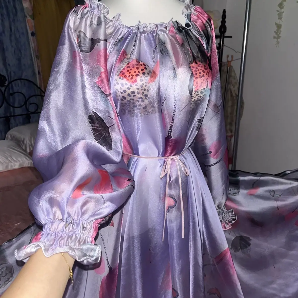 Robe Maxi ample en Satin de soie pour femmes, violet brillant, manches longues, grande taille, Robe de nuit Sexy