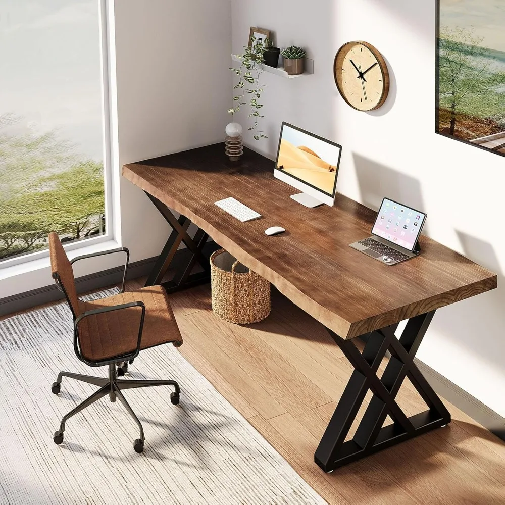 

Solid Wood Computer Desk Study Office Desk 55" Writing Desk, Modern Simple Style PC Table, Black Metal Frame,