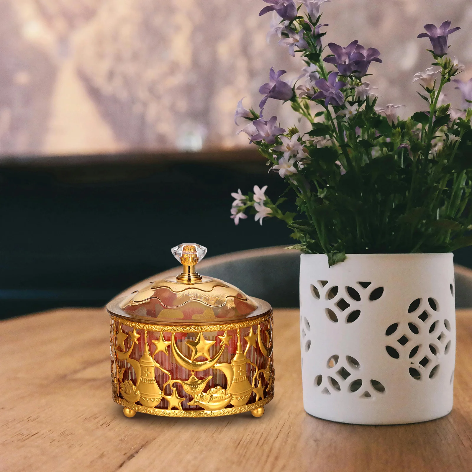 Round Arabic Snack Tray with Dome Lid Metal Candy Bowl for Eid Mubarak Decorations Home Festive Food Storage Organizer Serving