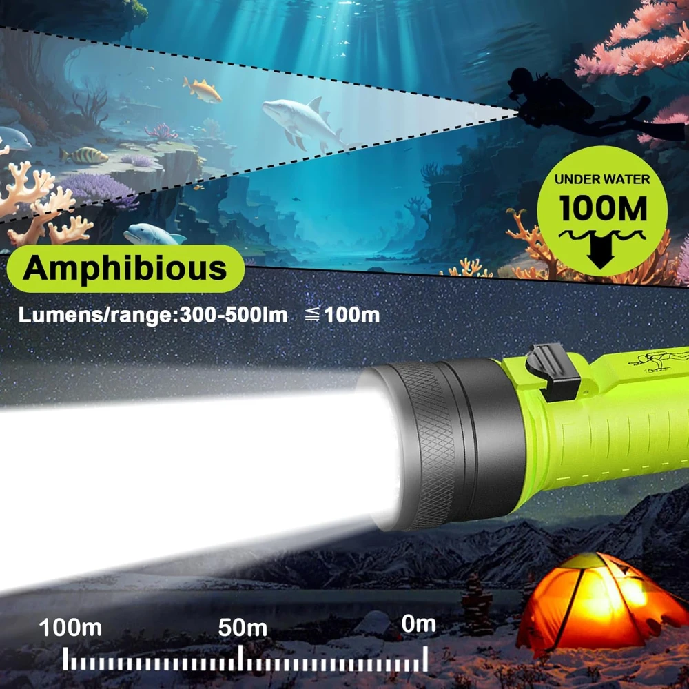 Diving Flashlight Rechargeable Dive Torch 2000 Lumens Super Bright Scuba Dive Light IPX8 Underwater Light Waterproof Flashlight