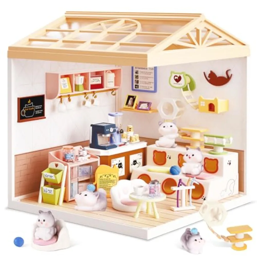 

DIY Miniature House Kit with LED Lights Whimsical Cat Cafe Miniature Kit with Roof and Dust Covers for Teens DIY Shop with s an